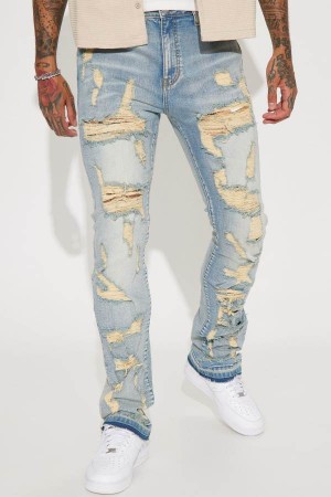 Jeansy Fashion Nova Torn Apart Stacked Skinny Flare Męskie Głęboka Niebieskie Niebieskie Polska | 170894RNG