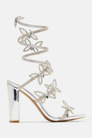 Sandały Fashion Nova Never Blend In Butterfly Wrap Up Heeled Damskie Srebrne Polska | 890532PTR