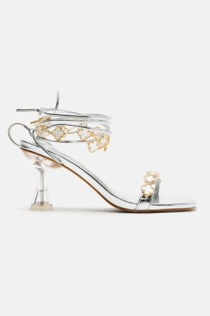 Sandały Fashion Nova Not An Issue Wrap Up Heeled Damskie Srebrne Polska | 178423MDA