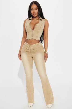 Spodnie Fashion Nova Coming Back Frayed V Waistband Flare Damskie Khaki Polska | 092468SQZ