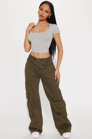 Spodnie Fashion Nova Crazy About You Wide Leg Cargo Damskie Oliwkowe Polska | 614892NCM