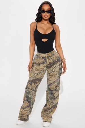 Spodnie Fashion Nova Feeling Rebellious Mid Rise Camo Cargo Damskie Oliwkowe Polska | 186940PBG