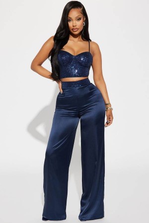 Spodnie Fashion Nova Full Of Sparkle Satin Pant Set Damskie Granatowe Polska | 568132CSI
