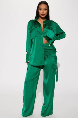 Spodnie Fashion Nova Leah Satin Cargo Pant Set Damskie Zielone Polska | 625974CRN
