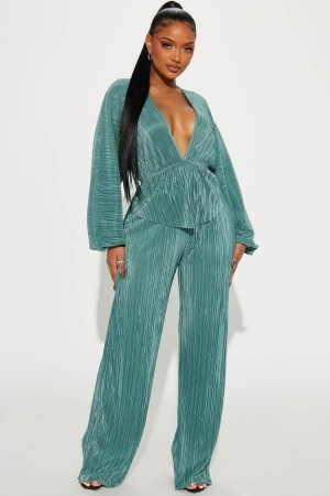 Spodnie Fashion Nova My Moment Plisse Pant Set Damskie Oliwkowe Polska | 614079OMQ