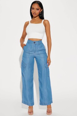 Spodnie Fashion Nova Nellie Chambray Cargo Pant Damskie Niebieskie Polska | 036129HJG