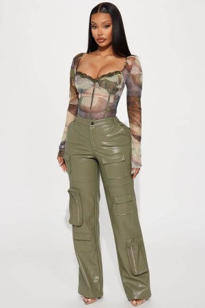 Spodnie Fashion Nova Never Too Late Faux Leather Cargo Damskie Oliwkowe Polska | 892756KNI