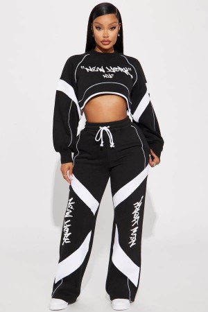 Spodnie Fashion Nova New York Baddie Wide Leg Damskie Czarne Białe Polska | 479836NUR