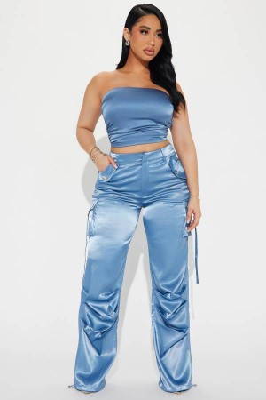 Spodnie Fashion Nova Perfect Night Satin Pant Set Damskie Niebieskie Polska | 846027ISU