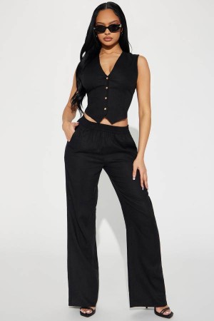 Spodnie Fashion Nova Perfect Vacay Linen Pant Set Damskie Czarne Polska | 764190HDC