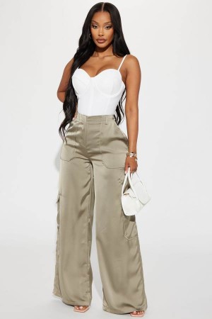 Spodnie Fashion Nova Pretty Girl Walk Satin Cargo Damskie Oliwkowe Polska | 267041JVX